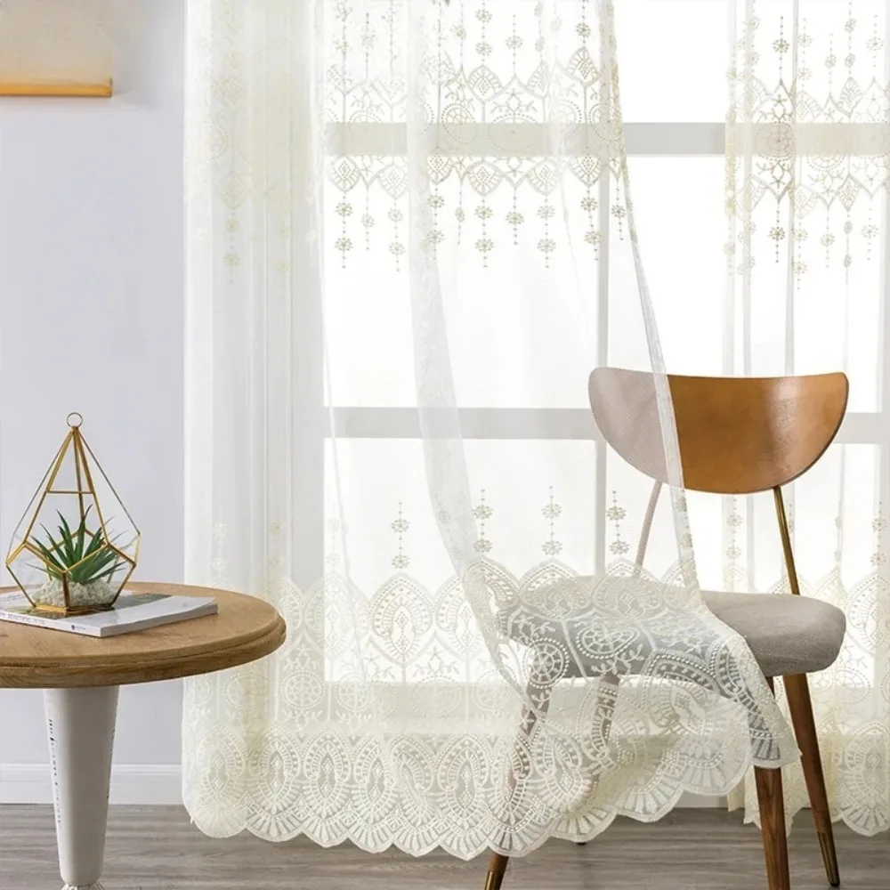 Sheer Tulle Embroidered Curtains Ready Made Voile Drapes for Living Room Girls Bedroom Door Delicate Floral