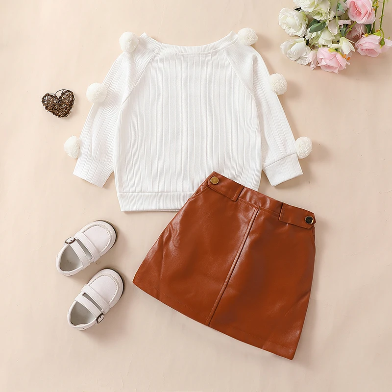 Toddler Girls 2Pcs Spring Fall Outfits Casual Fashion Pompom Decor Long Sleeve Knit Tops + Leather Mini Skirt Set Baby Clothes