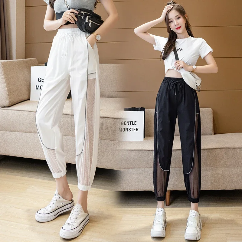 Ladies Fashion Ice Silk Quick Drying Mesh Splicing Streetwear Women Joggers Trousers Womens Sweatpants Girls Casual Y2k Pants 2