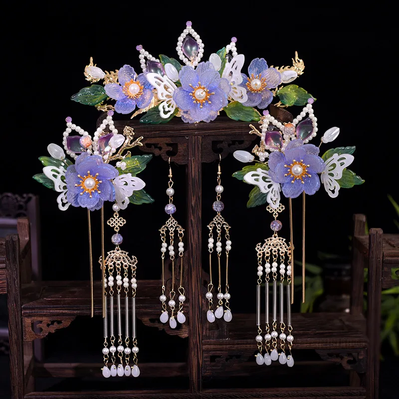 Chinese Hair Accessories Set Ancient Hanfu Hair Sticks Tassel Flower Hairpin Set Wedding Hair Jewelry Retro Cosplay Headpiece