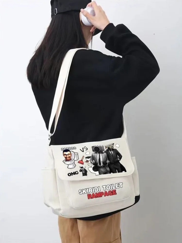 Blanco y negro, gran capacidad, inodoro Skibidi, estudiantes, niños y adolescentes, bolsos de hombro tipo bandolera de mensajero de anime para la escuela, niñas y niños