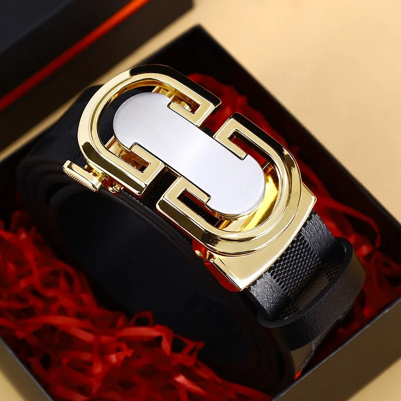 

Мужской гладкий ремень с автоматической пряжкой — натуральный искусственный текстурированный квадратный узор, черный, простой и стильный дизайн для повседневной одежды