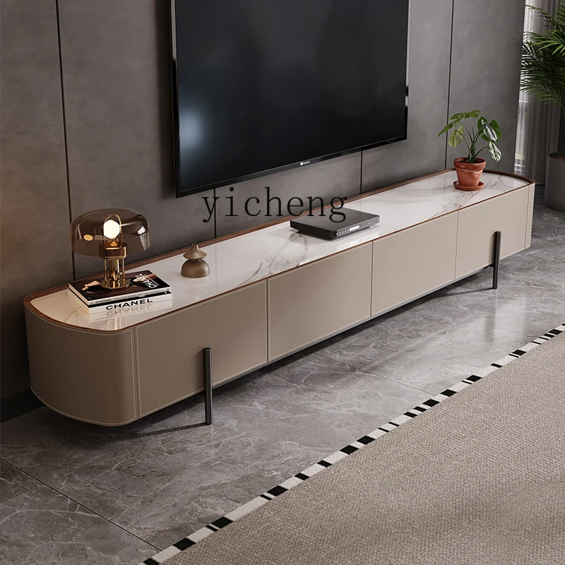 

XL minimalist saddle leather TV cabinet living room high-end rock slab TV floor cabinet