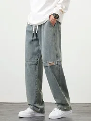 New Retro Men's Jeans Large Size String Banding Wide Leg Denim Pants Cotton Casual Straight Jean Trousers 5XL jeans men