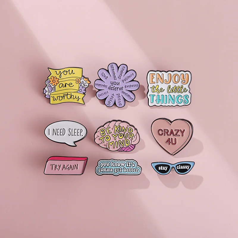 Trendy Letter Collects Enamel brooch Power Rose CD Glasses Shake Crazy Enjoy Thanks Need Sleep Try Again Badge Lapel Pin Jewelry