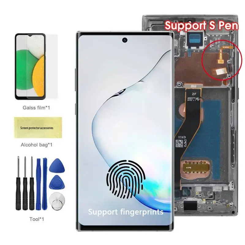 شاشة AMOLED Note 10 Plus لهاتف سامسونج جالاكسي نوت 10 + N975F شاشة Lcd تعمل باللمس تدعم بصمات الأصابع S مع إطار