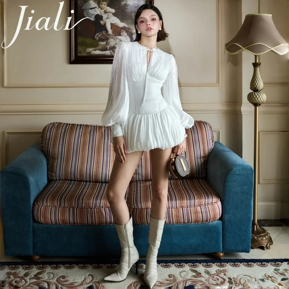 Jiali Customized Solid Patchwork Lace Up Blouse Mini Dresses for Women O-Neck Long Sleeve Sweet Style Dress Pleated Bud Dress