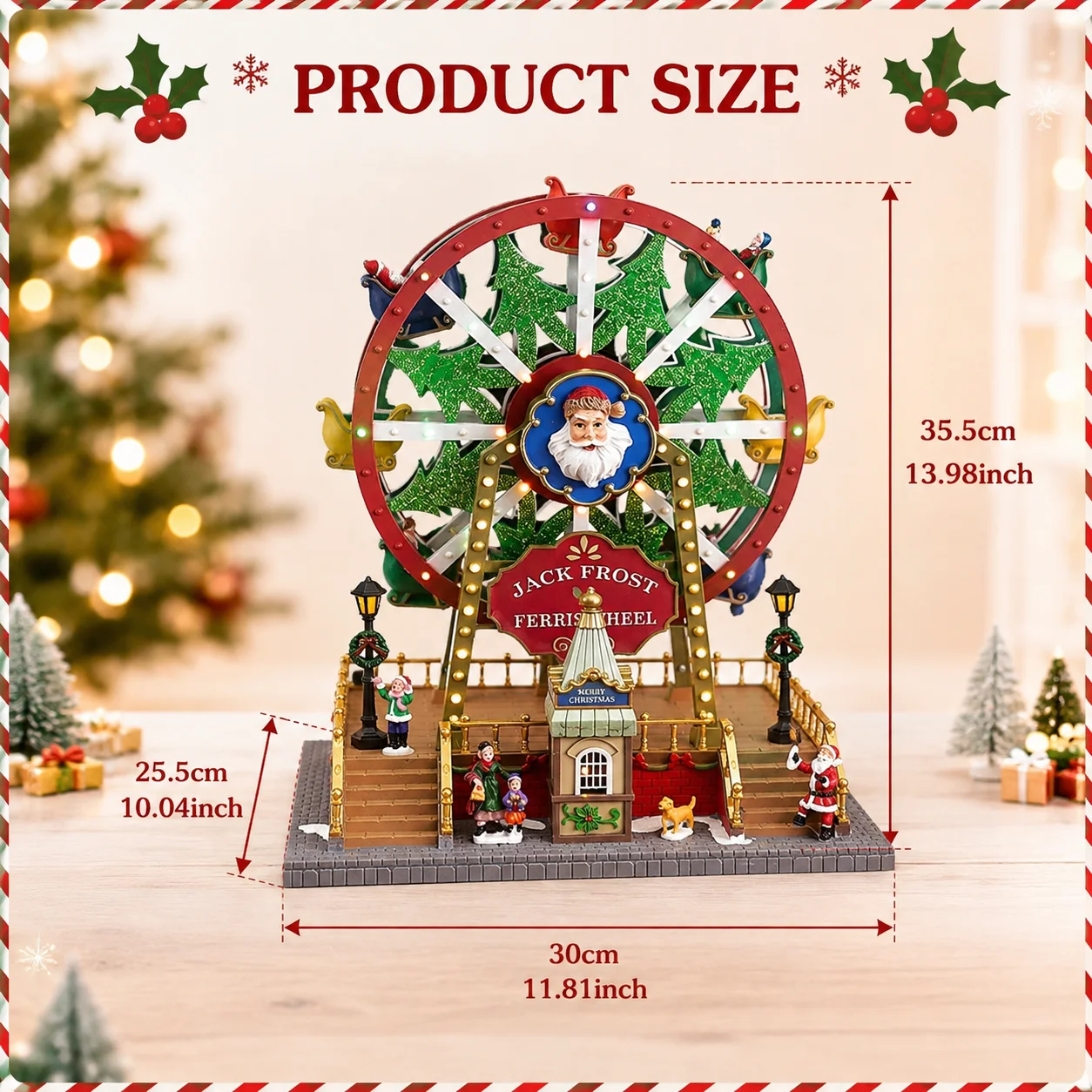 Christmas Tree Ferris Wheel Music Ornament, Santa Center & Rotating Colorful Gondolas LED Lights 35cm