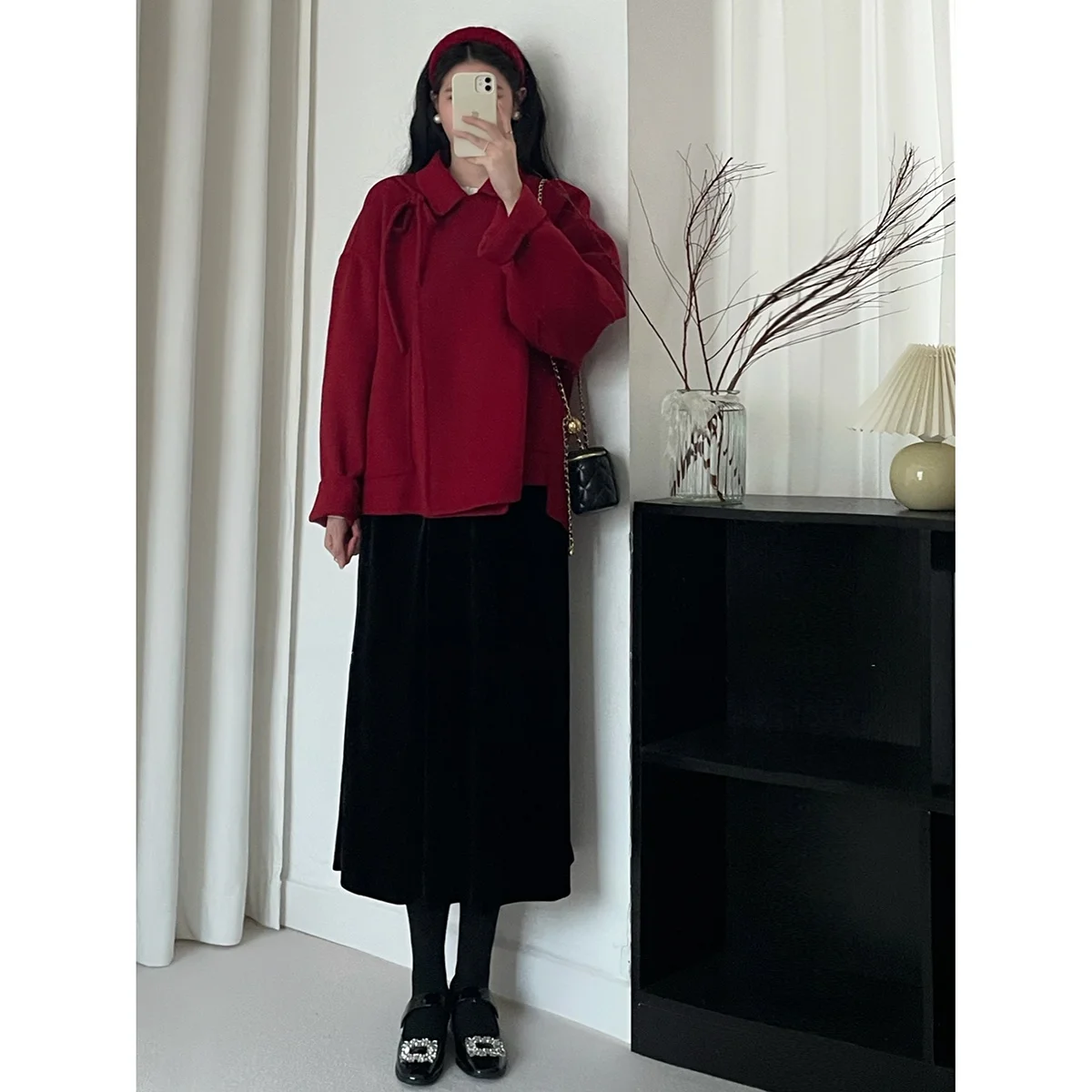 

Red Double-Sided Camere ort Coat Women's Loose Design Korean Sle Commute Pure Color Winter Outerwear Liye