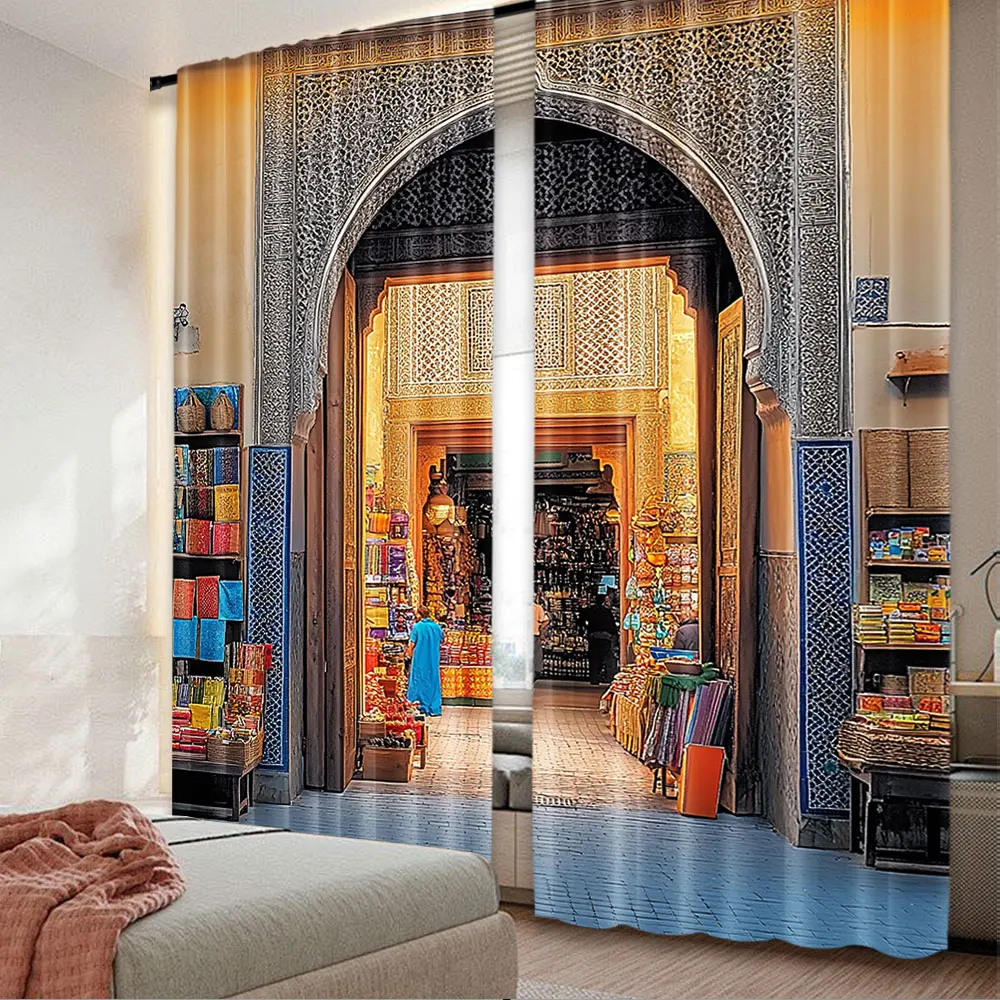 2Pcs Moroccan Curtains Typical Moroccan Door To Old Medina Mediterranean Historical Arch Entrance For Bedroom Living Room And