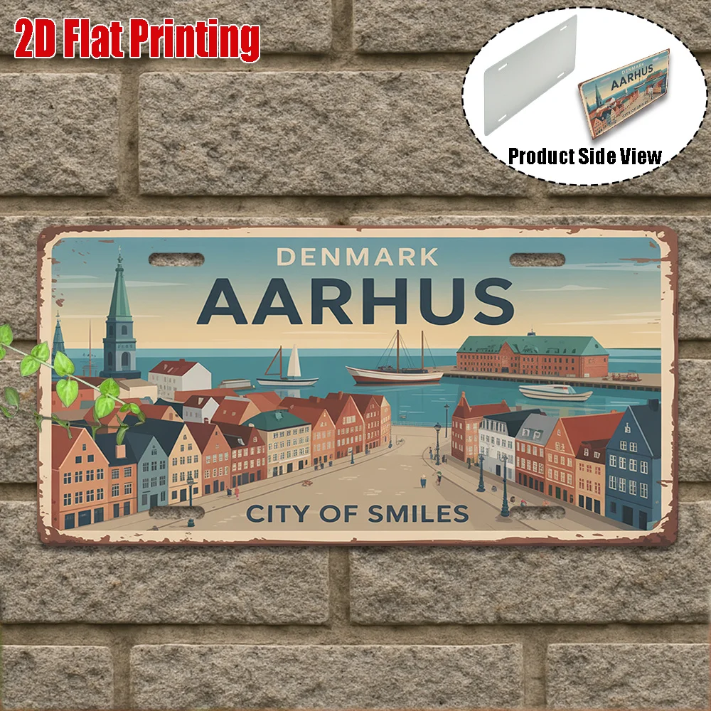 2D Flat, [2D Flat] 1pc, Vintage Metal Sign, solely for Decoration, Outdoor Wall Art (29.97Cm * 14.99Cm), Welcome to Aarhus Sign,