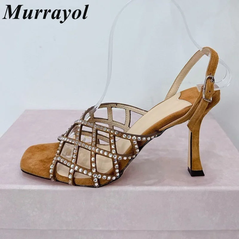 Thin High-Heels Sandals Summer Suede Square Toe Women Ankle Strap Bling Rhinestone Decor Back Strap Sandals Party Dress Shoes
