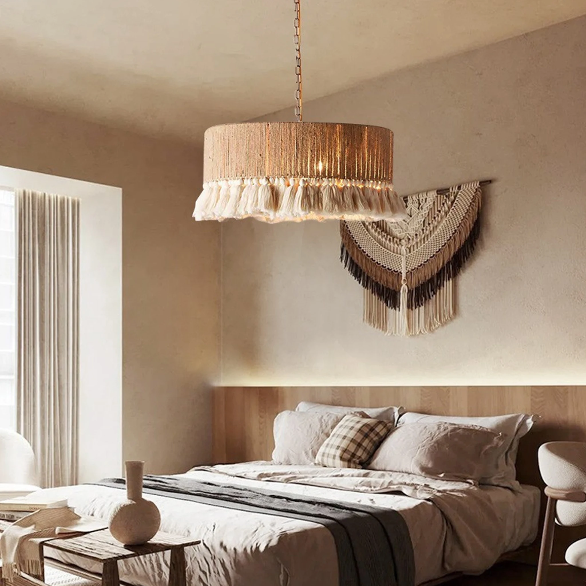 Natural Hemp Rope Pendant Light Hand Woven Adjustable Hanging Light Farmhouse Creative Chandelier Kitchen Island Dining Room