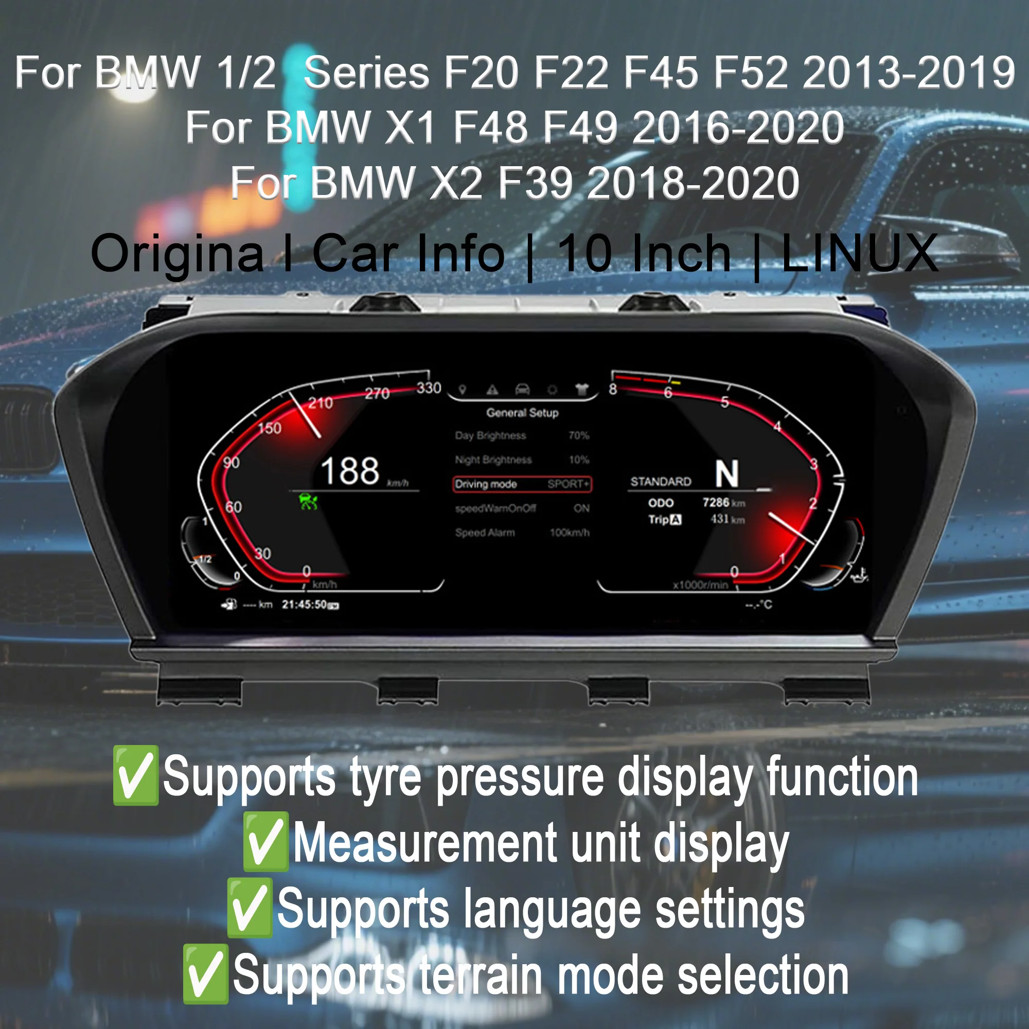 

Digital instrument cluster for BMW 1/2 Series F20 F52 F22 F45 X1 F48 F49 X2 F39 speedometer, dashboard, 10" anti-glare HD screen