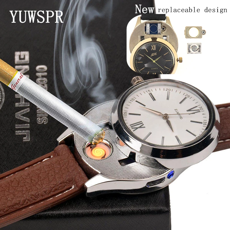 Watch Men USB Charging Lighter Watches Casual Fashion Wristband Outdoor Flameless Cigarette Lighter Quartz Clock for Men JH319