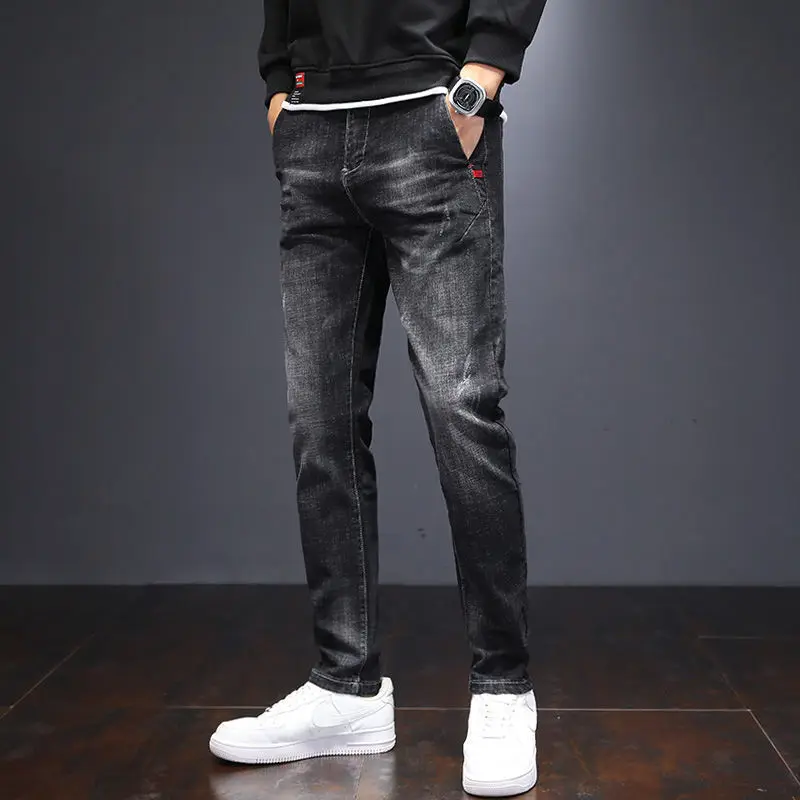 Spring Summer Men's Slim Fashionable Mid Waist Jeans Trend All-match Casual Elastic Solid Color Pencil Trousers Male Clothes