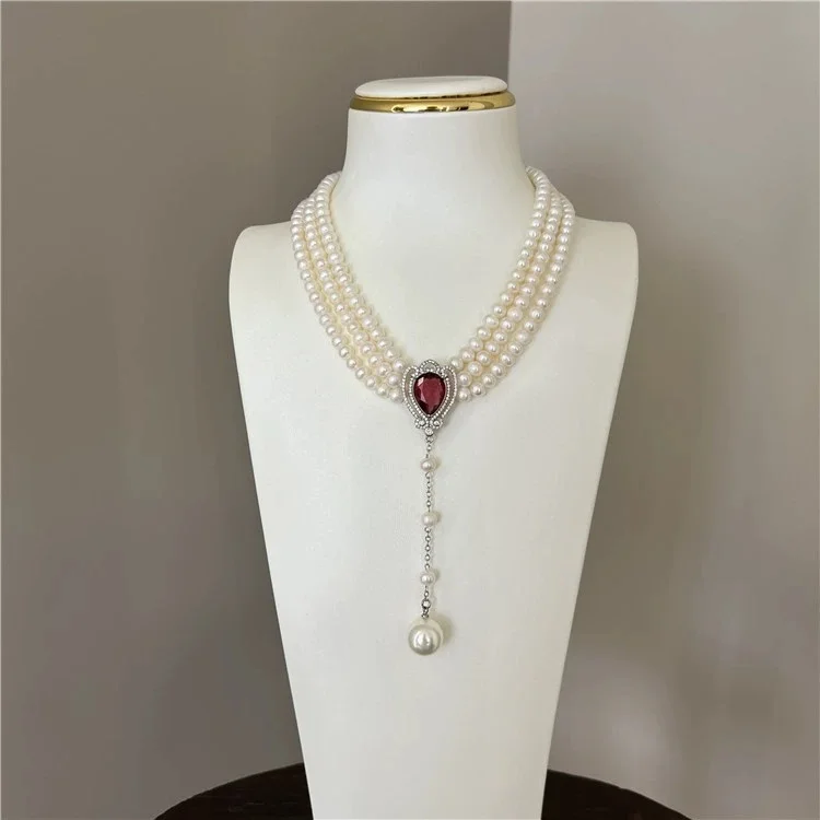 

18'' 3 Strands White Freshwater pearl Red CZ Connector Necklace