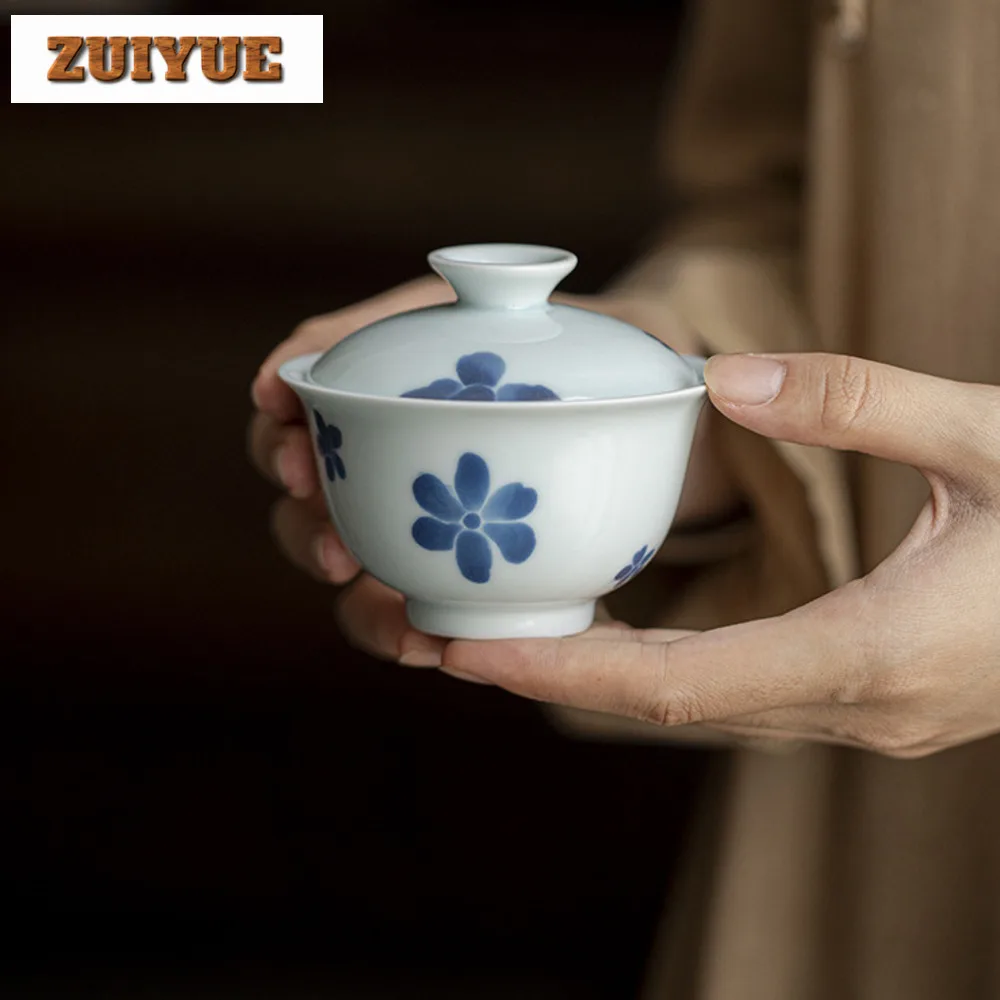 135ml Misty Blue Handmade Cover Bowl Household Hand-painted Flower Gaiwan Retro Anti Scald Tea Tureen Tea Brewing Teaware Crafts