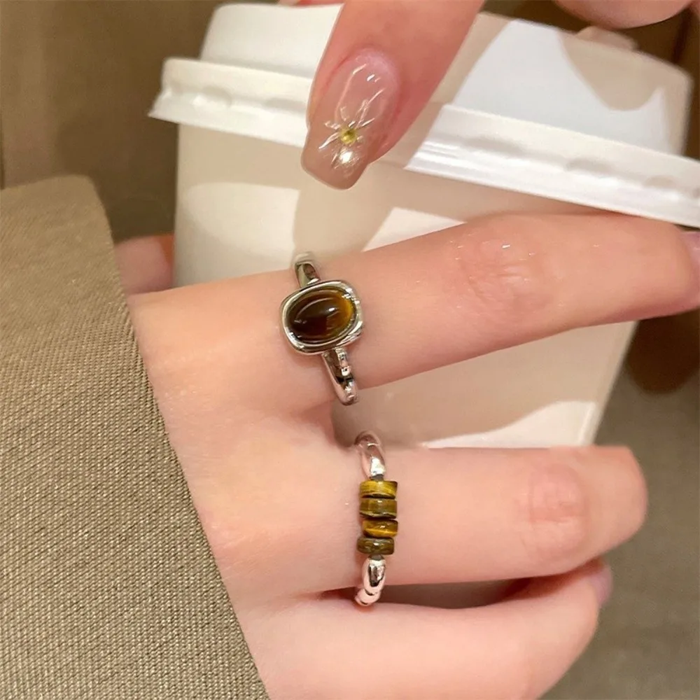 Delicate Round Stone Eye Ring Tigereye Jewelry Opening Ring Silver Trendy Oval Finger Ring Men