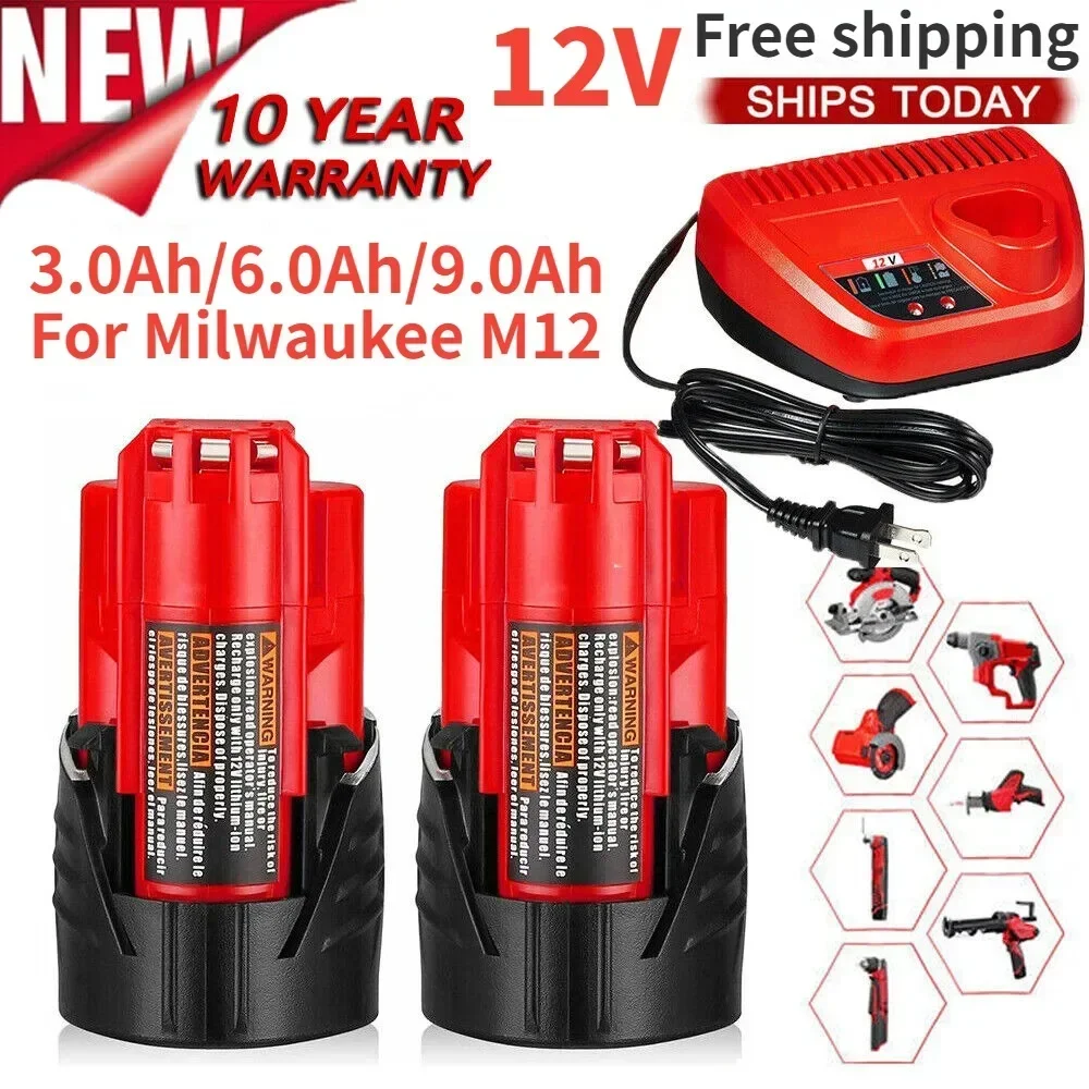 12V 3.0Ah/6Ah/9Ah Li-ion Battery for Milwaukee 12V Tools M12 12V M12B6 XC 6.0Ah Cordless Drill Lithium-Ion Batteries 48-11-2402