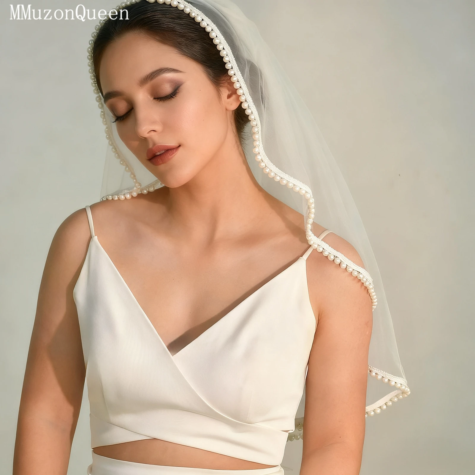 

TOPQUEEN Bridal Pearl Veil Pearl Beaded Powder Blusher Veil Velo De Novias Wedding Accessories Can Be Customized Va28