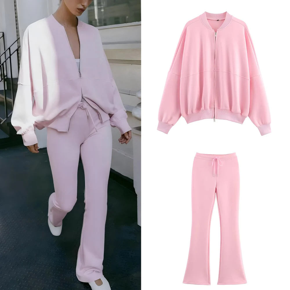 

Women's new fashion loose versatile casual pleated flight jacket Coat retro long sleeved zipper women's Coat chic top+Pants suit