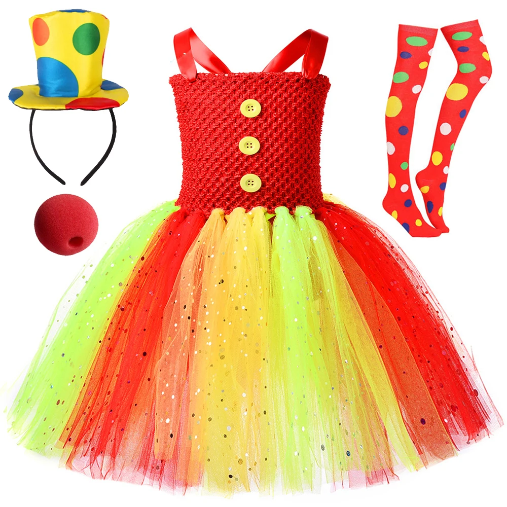 Sparkling Circus Clown Fancy Dress for Girls Carnival Halloween Joker Costumes Kids Twinkle Circus Performance Clothes with Nose