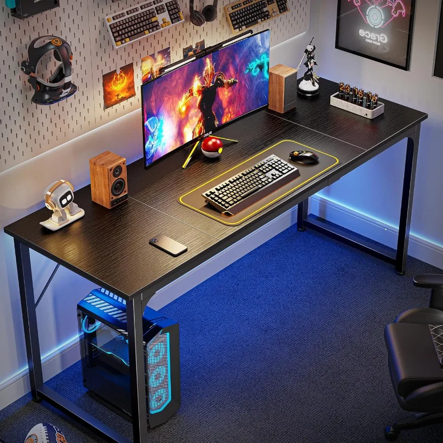 Moderner, einfacher Büroschreibtisch 63 Zoll für Heim- und Gaming-Arbeitsräume, großer Beinraum mit integriertem Stauraum, langlebiger Metallrahmen, schlankes B