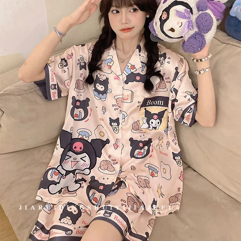 

Kawaii Kuromi Pajamas Female Sanrio Kawaii Anime Hello Kitty Pochacco Students Summer Ice Silk Short Sleeve Clothes Gift for Kid