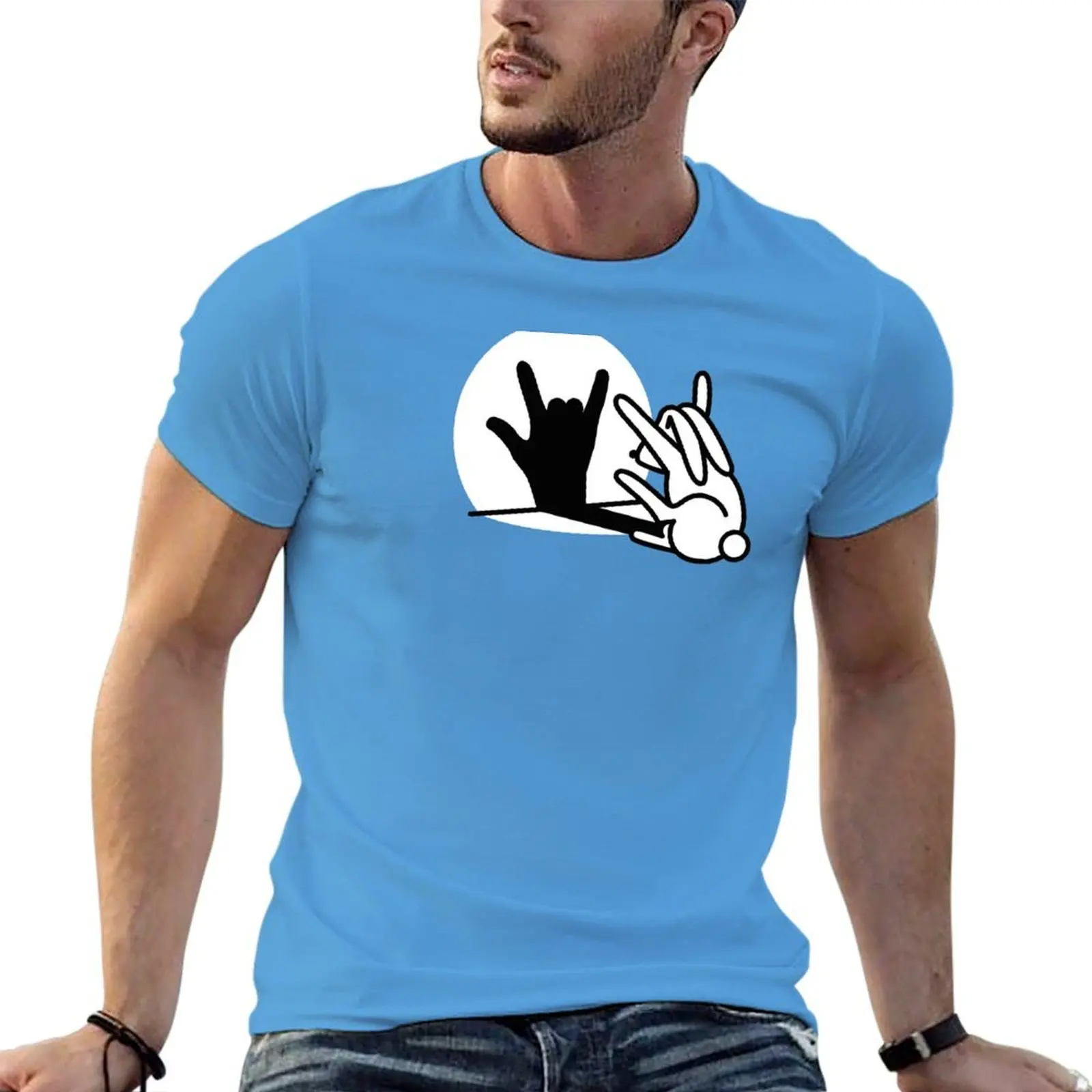 

Funny rabbit shadow hand I Love you ILY sign language T-shirt summer top heavyweights plain white t shirts men