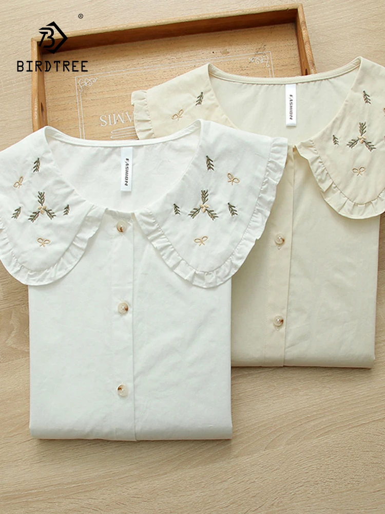 

Новая весенняя хлопковая рубашка с длинным рукавом 2025, женская рубашка с воротником Питера Пэна и вышивкой, милая универсальная свободная блузка Mori Girl INS T52943CC