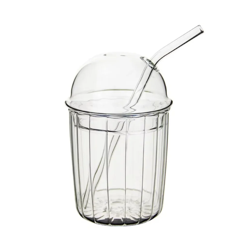 

Juice Cup Clear Glass Straw Cup Dome Lid Stripe Pattern Milk Tea Cup Heat-resistant Wide Mouth Drinking Cup Milk