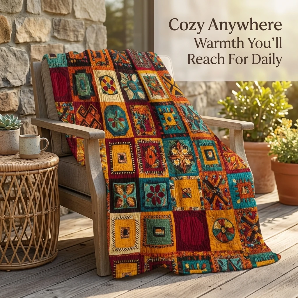 1PC Vintage Bohemian Patchwork Art Thick Flannel Throw Blanket, Soft Warm Portable Throw Blanket, Perfect Gift for Adults