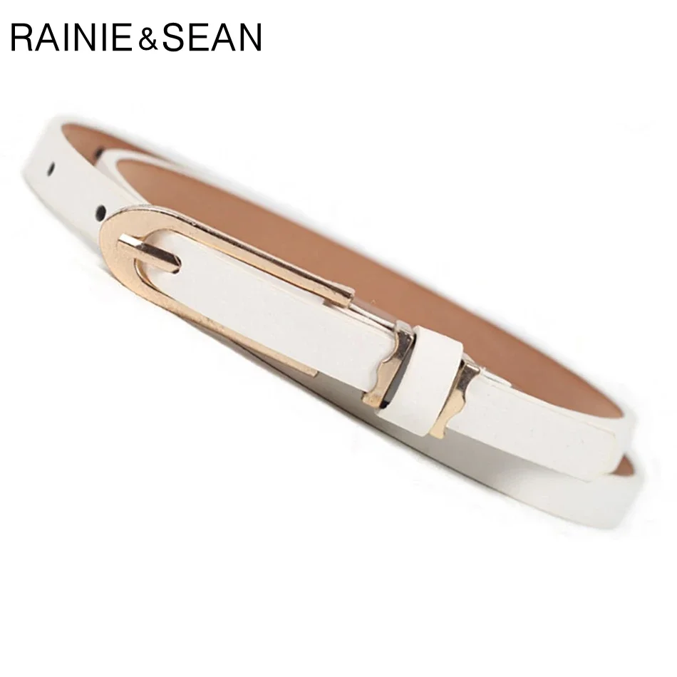

RAINIE SEAN Women Thin Belt White Color Faux Leather Belt Female Golden Pin Buckle Solid Ladies Dress Strap Retro Skinny Belt