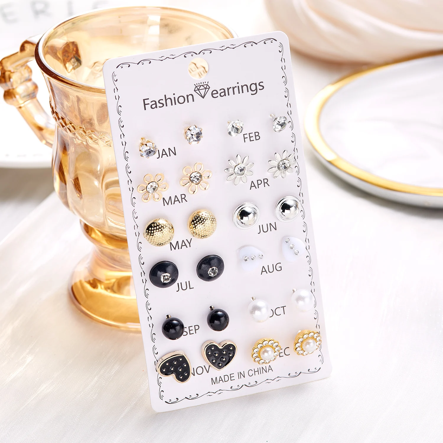 12 Pairs Combination Earrings Set for Women Shiny Rhinestone Flower Heart Star Piercing Stud Earring Girls Party Jewelry Gifts