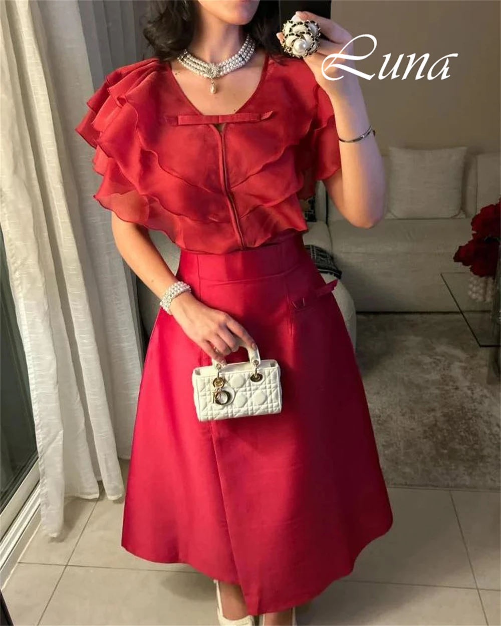 Customized Simple V-Neck Cap Sleeve Short Sleeves Evening Dress Temperament A-Line Prom Dresses Delicate Organza Party Gowns