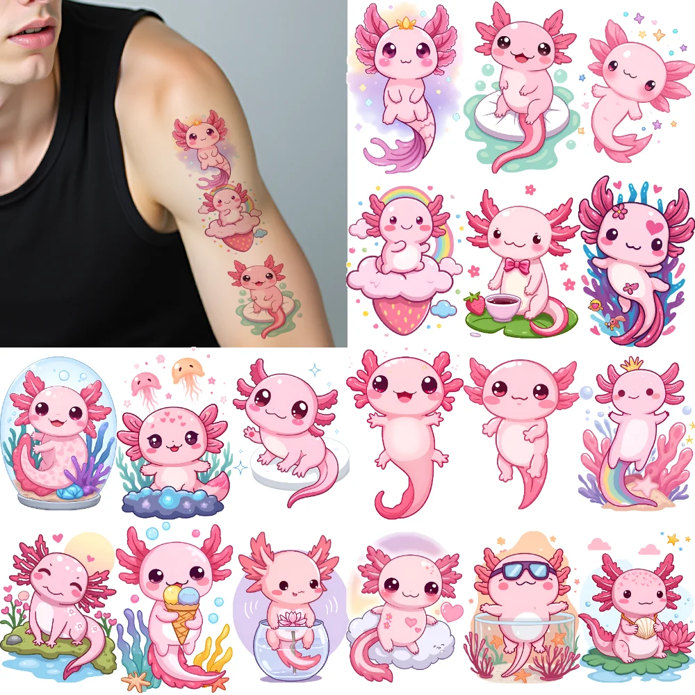 

28pcs Temporary Tattoo Cartoon Axolotl Cartoon Cute Axolotl Temporary Tattoo Stickers For Arms Shoulders Adults