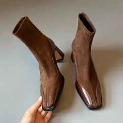 Women's New Winter Thick Heel Cotton Boots Square Head Splicing Suede Back Zipper Anti-slip Wear-resistant Short Boots