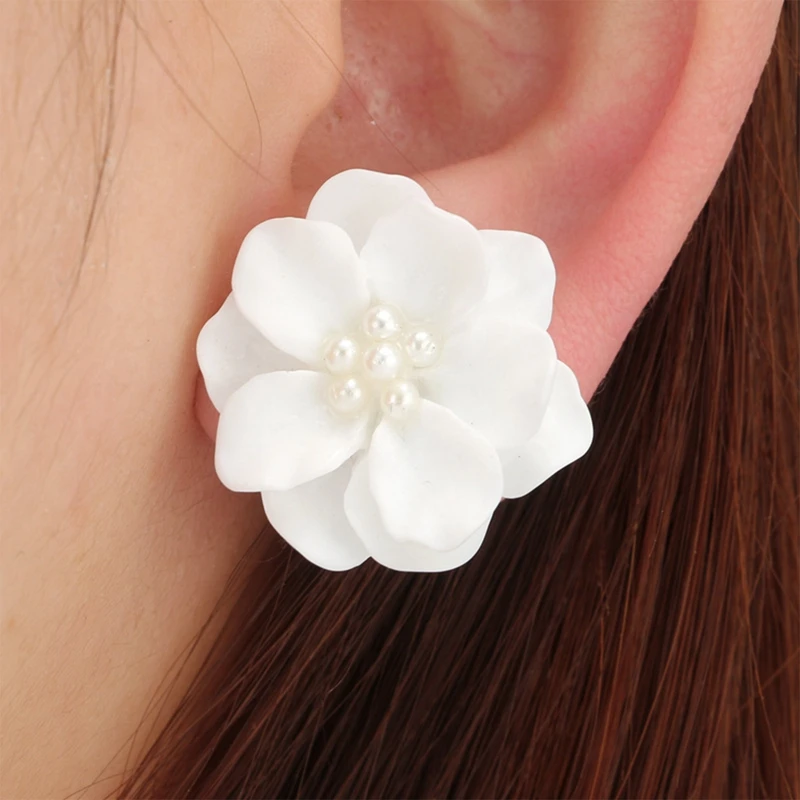 Women Resin Flowers Faux Pearls Earrings Ear Studs Black Red White Flower Women's Earrings Girl Party Stud Acrylic Accessories