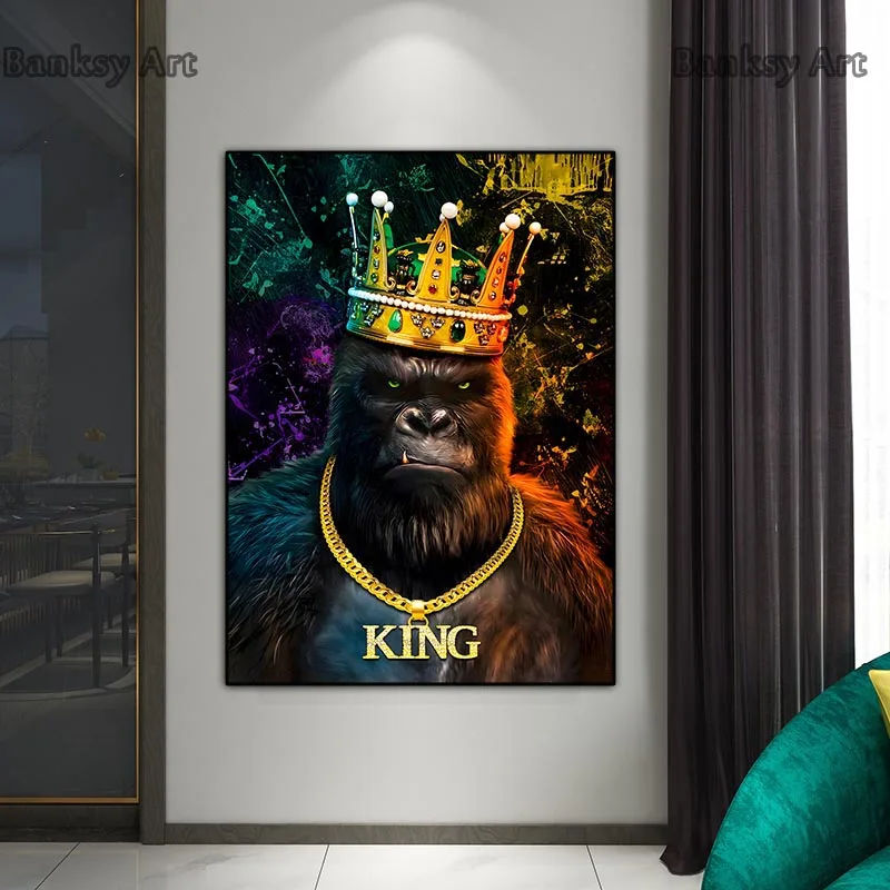 Gorilla With Crown Poster And Print Graffiti King Kong Canvas Painting Orangutan Animal Wall Art Home Decor Murals Frameless