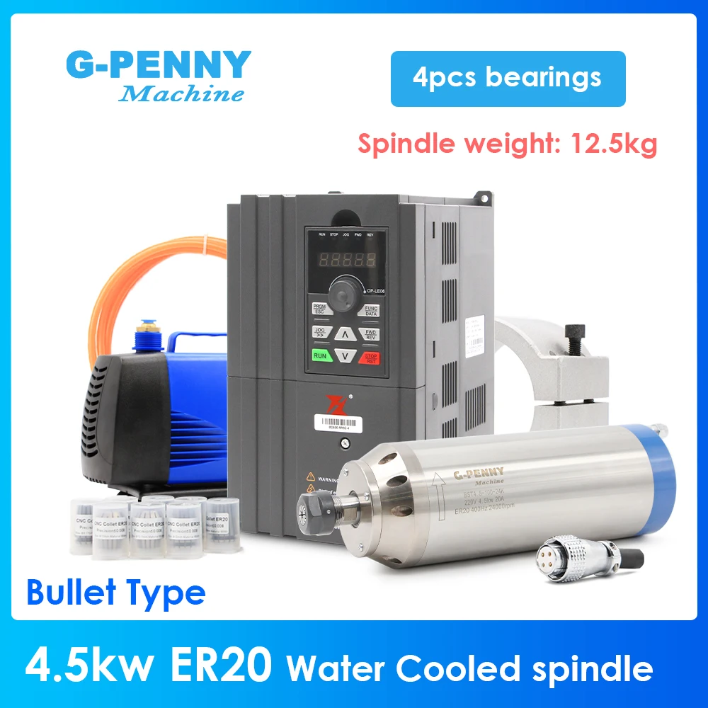 

G-Penny 4,5 кВт ER20 D100 шпиндель с водяным охлаждением, тип пули, инвертор 5,5 кВт BD600, кронштейн 100 мм, комплект двигателя шпинделя насоса 150 Вт