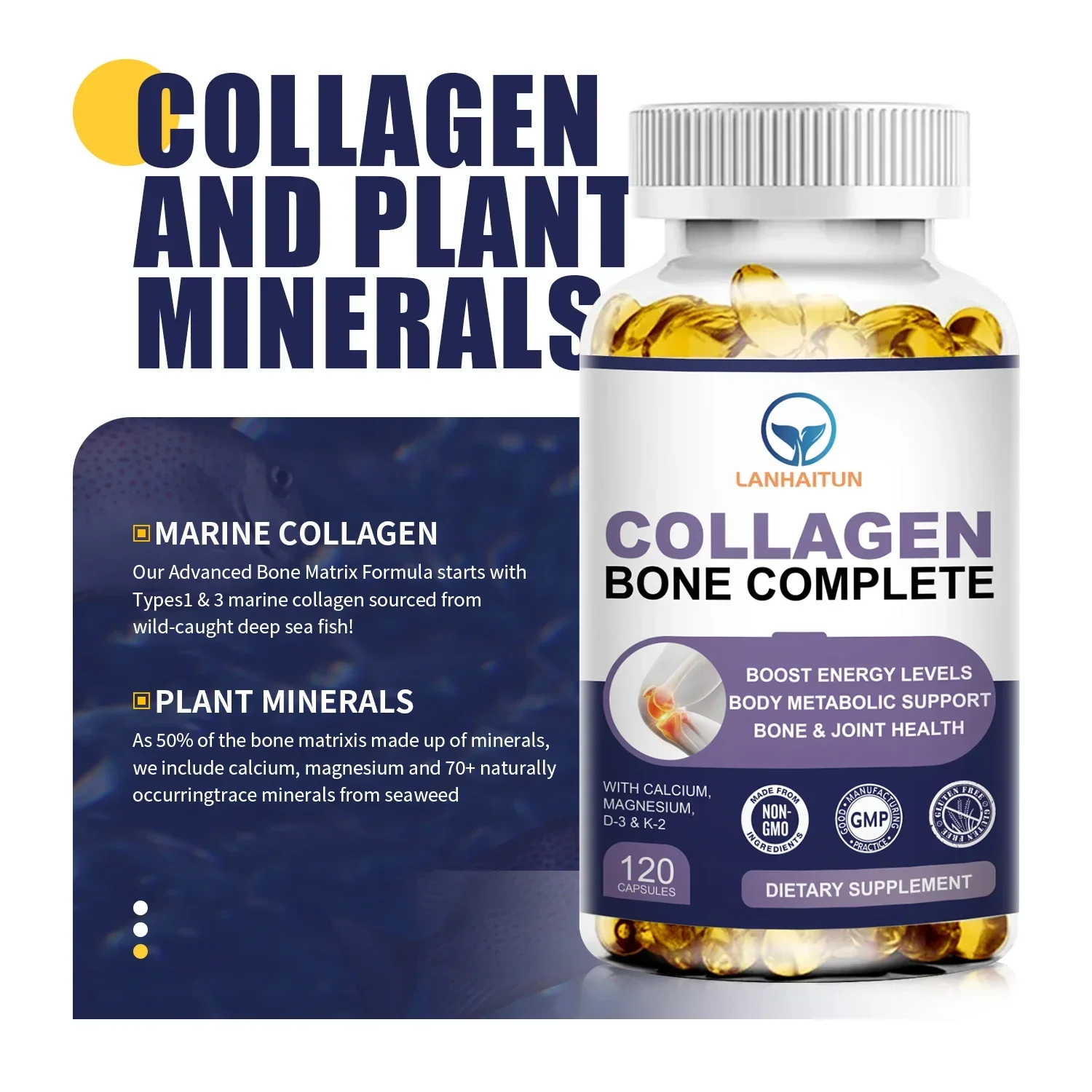 LANHAITUN Collagen Bone Complete Capsule with Plant Calcium&Magnesium Support Bone Growth Collagen Production&Calcium Absorption