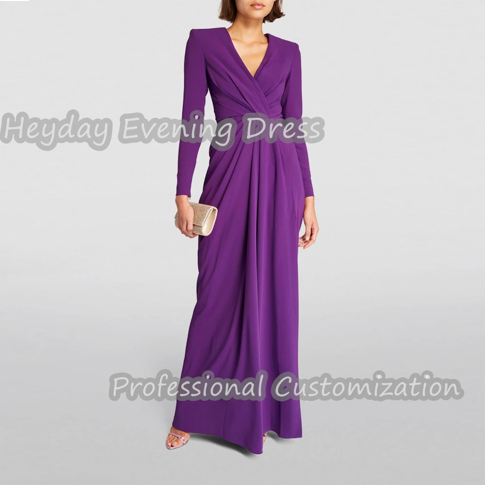 

Heyday V-Neck Saudi Arabia Long Sleeves Straight Prom Gown Ruffle Crepe Floor Length Sexy Elegant luxury Dress For Women 2024