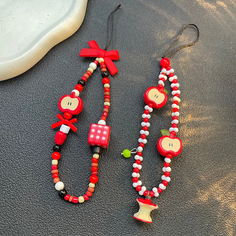 

Полуплоская фруктовая цепочка с красным бантом, подвесная веревка, бусина, милый брелок для камеры CCD, подвесной орнамент, подвесной орнамент для iPhone 17 16 15 14