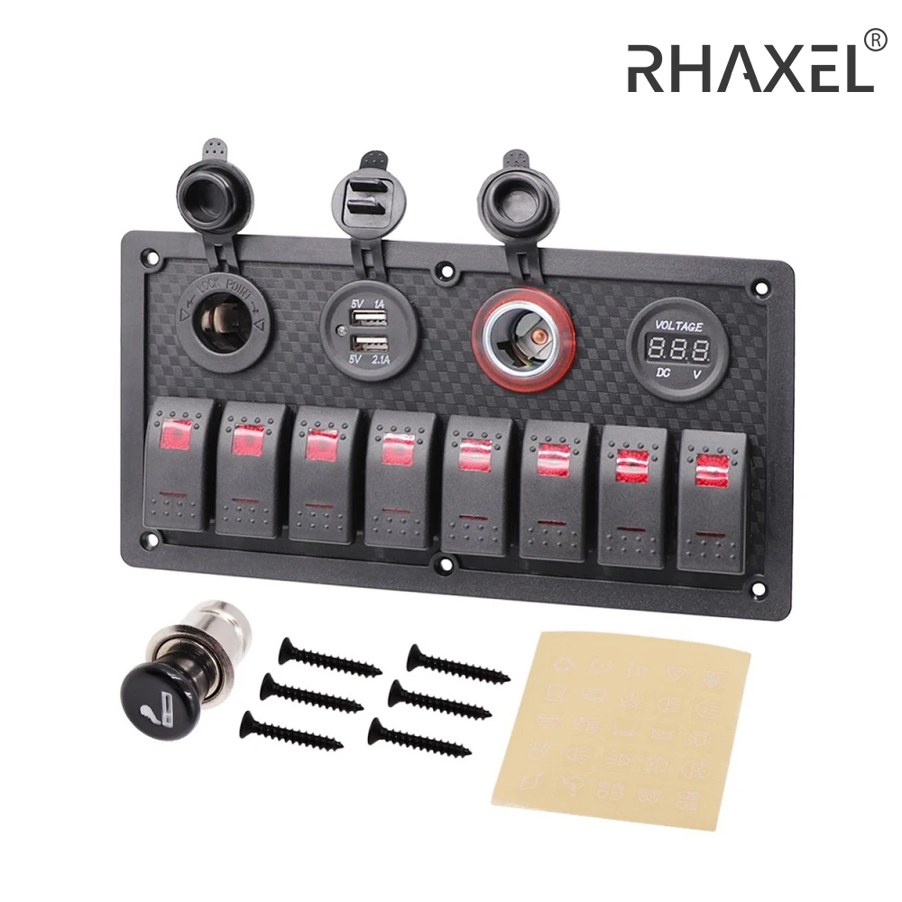 RHAXEL 8 Gang Switch Panel LED Voltage Display+Dual USB Charger+Cigarette Lighter Socket Splitter for Auto RV