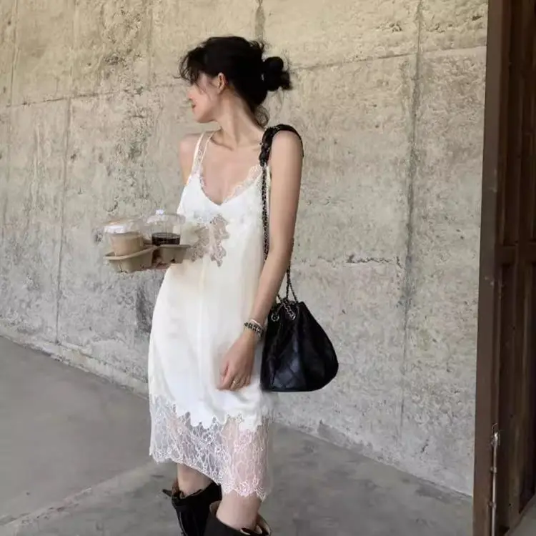 Fall 2026 Lace Hollow out Slimming V-Neck Sleeveless Strap Dress Women's Base Tank Dress Gown Regular Length A-Line Style