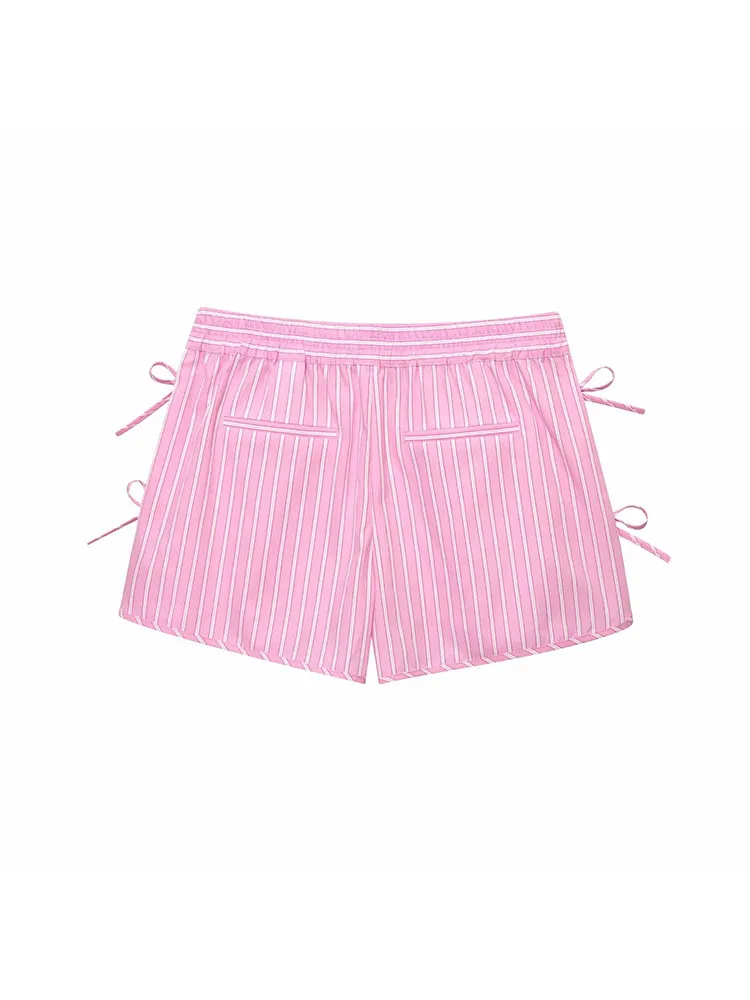 2025 نساء موضة 2 قطعة مجموعة مخطط القوس الدانتيل يصل الخامس الرقبة سترة و Vintage عالية مرونة الخصر السراويل الإناث شيك مجموعة تي شيرتات قصيرة للأطفال #5