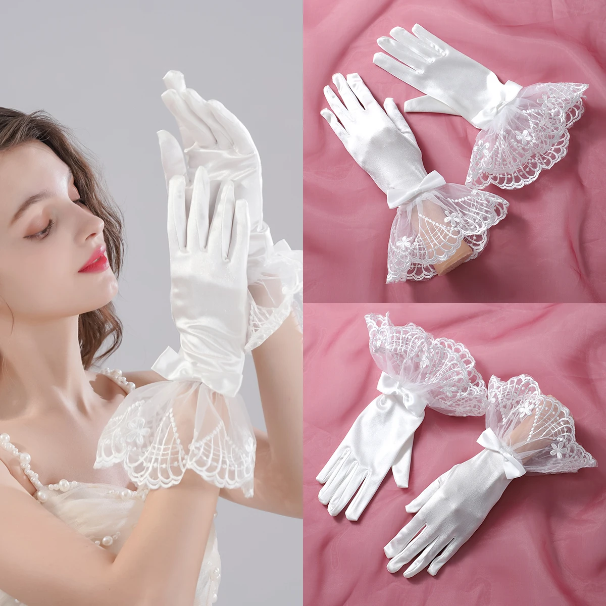 A pair of white fingered gloves suitable as accessories for bride weddings or women's dances