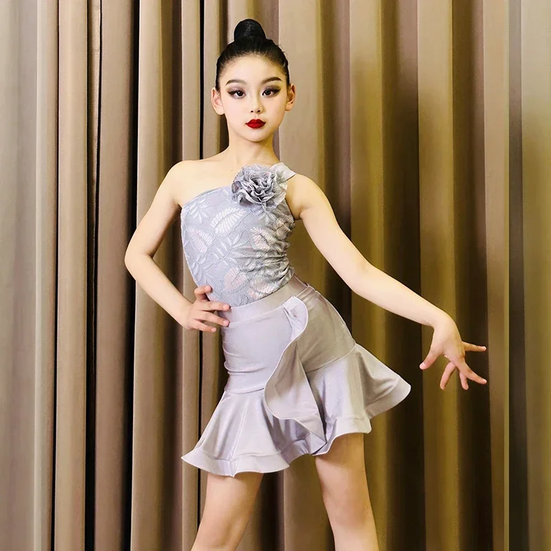 فستان قاعة الرقص اللاتيني للفتيات، ملابس الرقص اللاتينية للأطفال، زي السالسا، فساتين قاعة الرقص للأطفال باللون الرمادي والأحمر