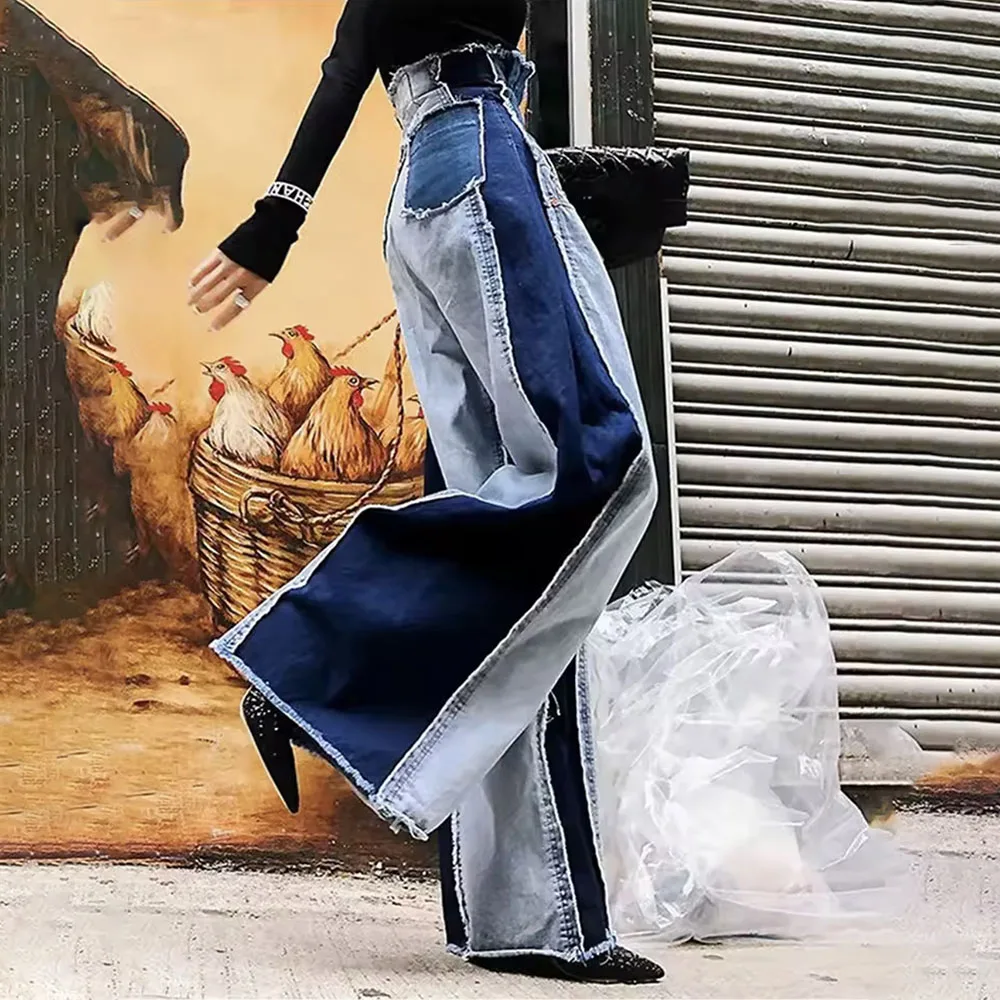 

Women's Fashion Niche Design Denim Jeans Patchwork Slim High Waist Multiple Pockets Straight Loose Long Casual Vacation Jeans